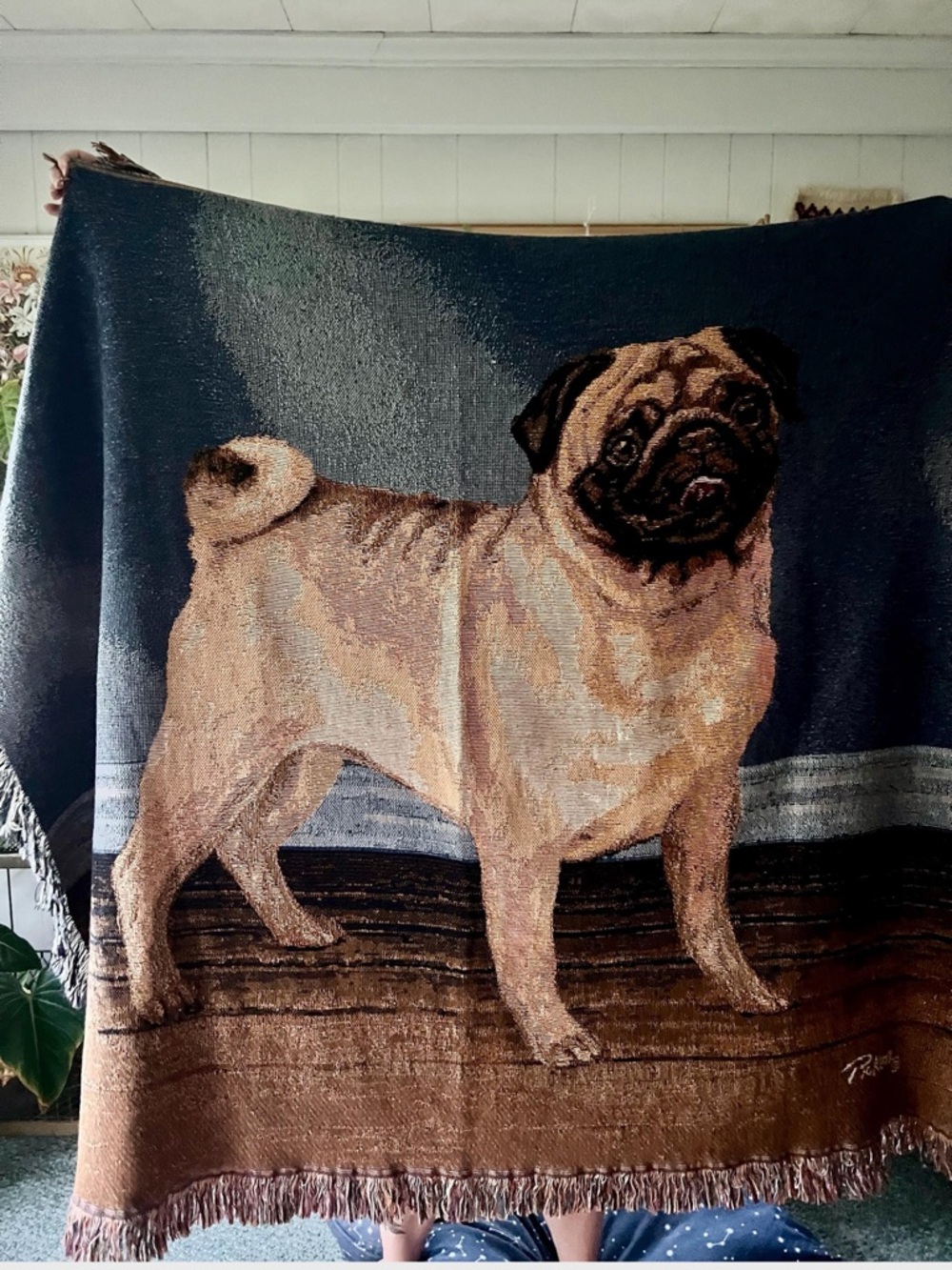 Pug Tapestry Throw Blanket in Navy, Brown and Tan